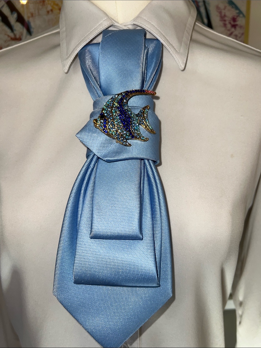 Tie Necklace with Fish Crystal Brooch Accent